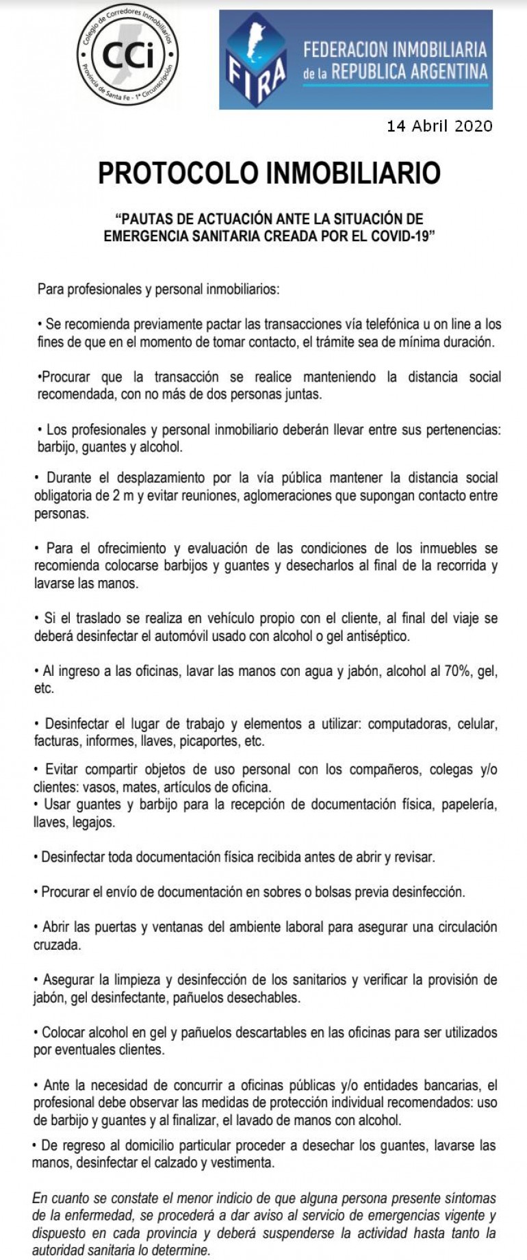 PROTOCOLO INMOBILIARIO “PAUTAS DE ACTUACIÓN ANTE LA SITUACIÓN DE EMERGENCIA SANITARIA CREADA POR EL COVID-19”