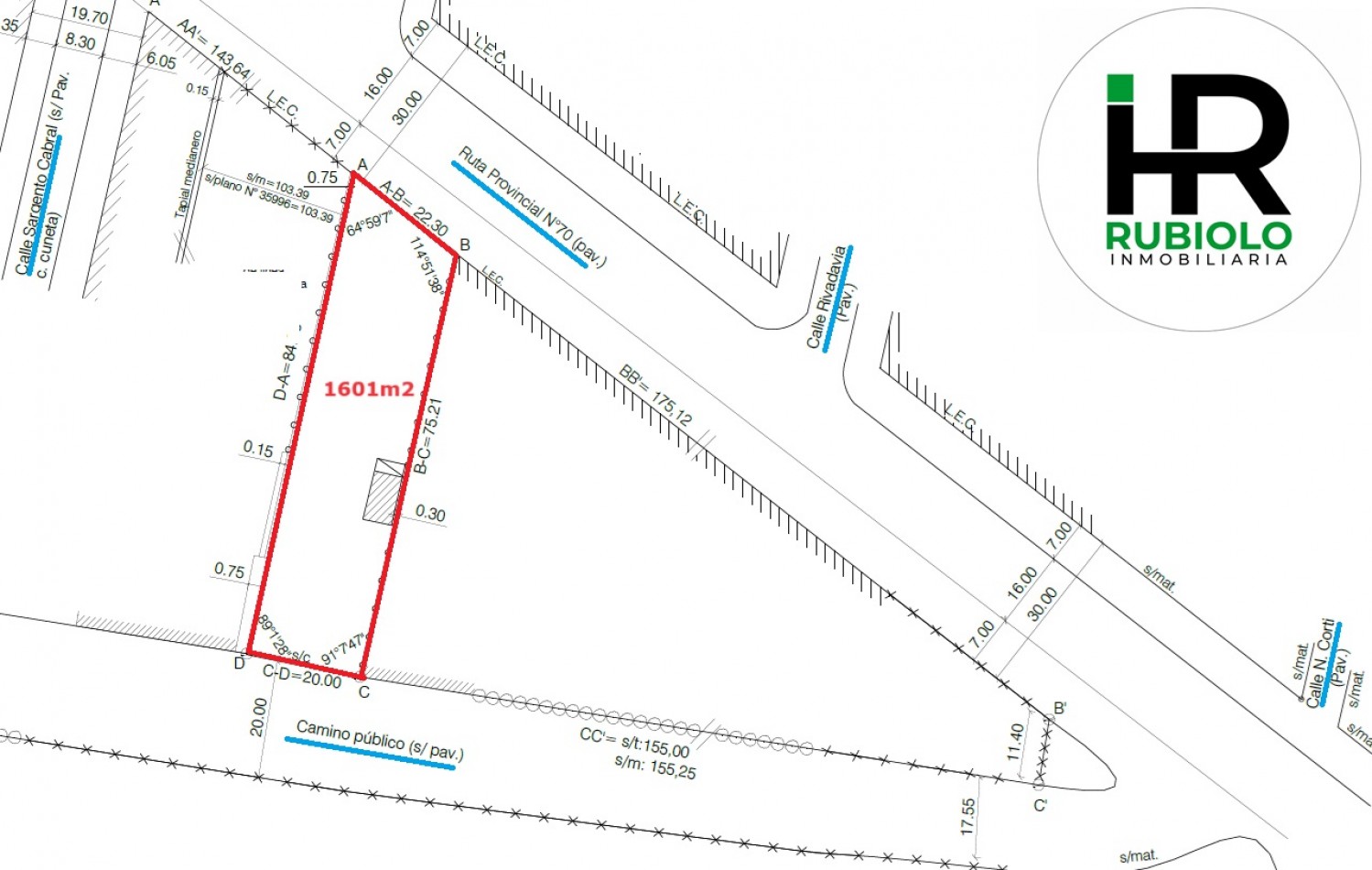 B.ITALIA - QUINTA FRENTE A RUTA 70 - UBICACION ESTRATEGICA PARA UNA ACTIVIDAD COMERCIAL - Lote 1600 m2  con Red de AGUA y CLOACAS