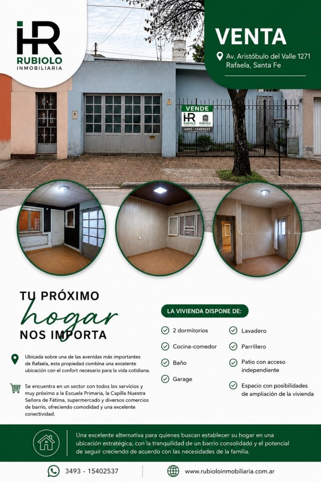 RAFAELA - Av. Aristobulo del Valle 1271 -VIVIENDA 2 DORMITORIOS, GARAGE Y PATIO CON ACCESO INDEPENDIENTE